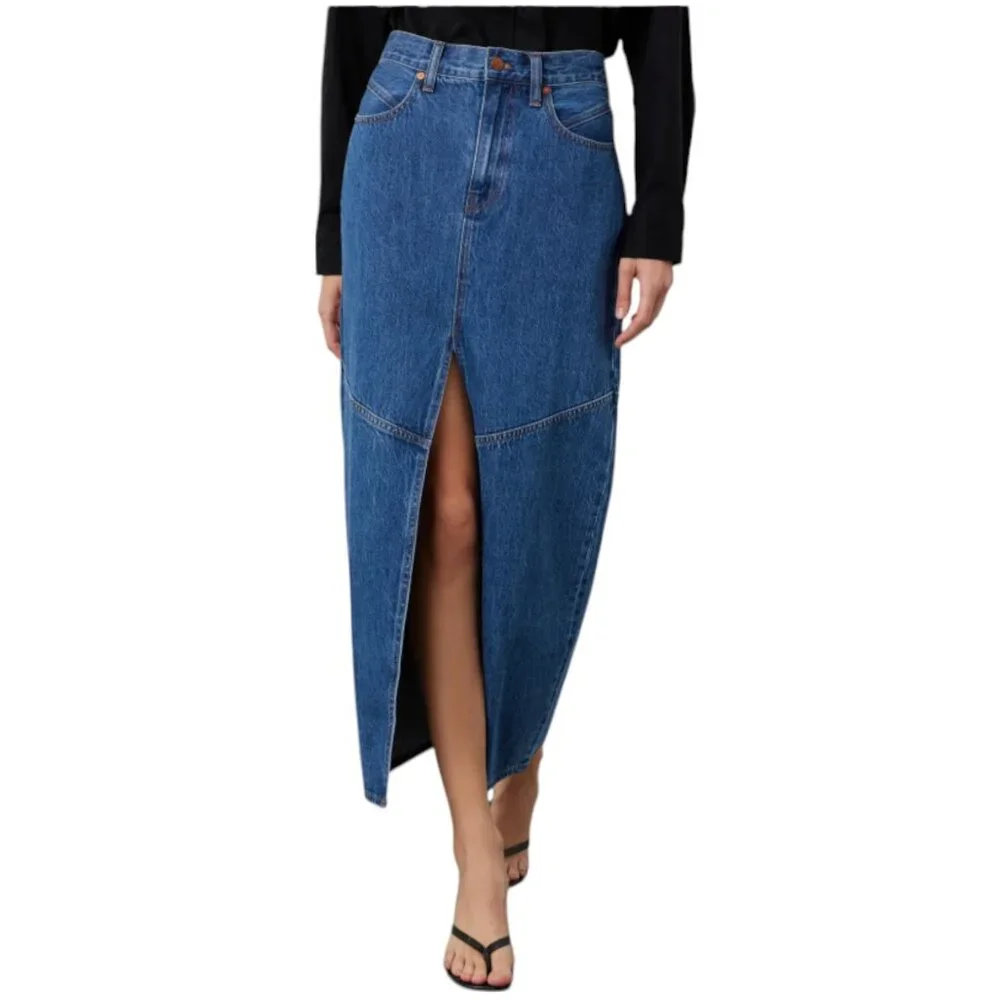 Madewell Denim Maxi Skirt Size 31 Medium Blue Wash 23" Slit Down Front Pockets - Picture 1 of 11
